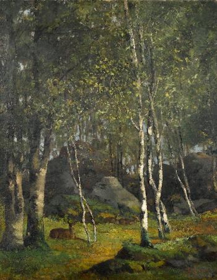 Birkenwäldchen mit ruhendem Reh. by Gustave Courbet