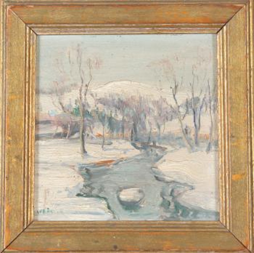 Miniature winter landscape with creek by Walter Emerson Baum