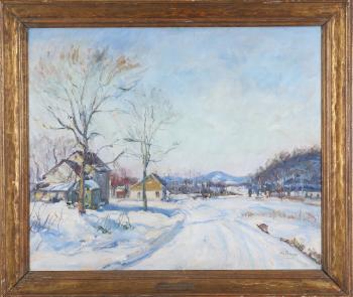 Road to Ridge Valley, winter landscape with sleigh and figure by Walter Emerson Baum