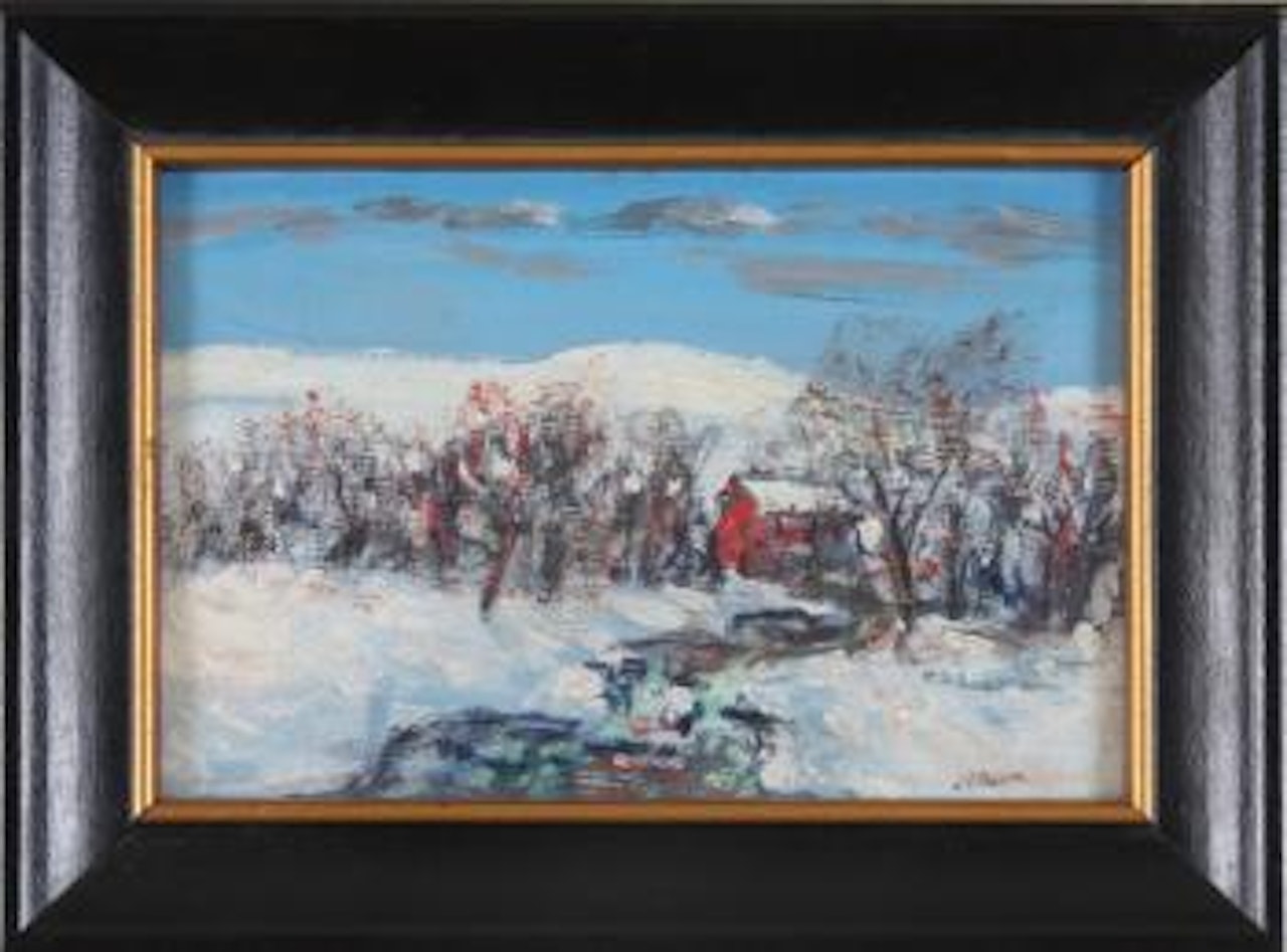 Miniature winter landscape with creek and red house by Walter Emerson Baum