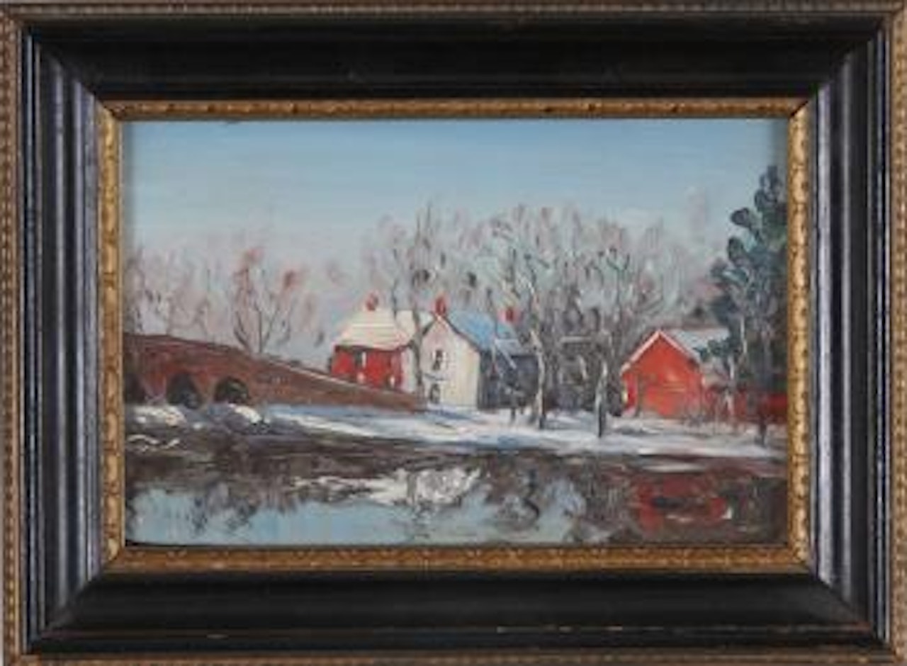 Miniature winter landscape with bridge at left by Walter Emerson Baum