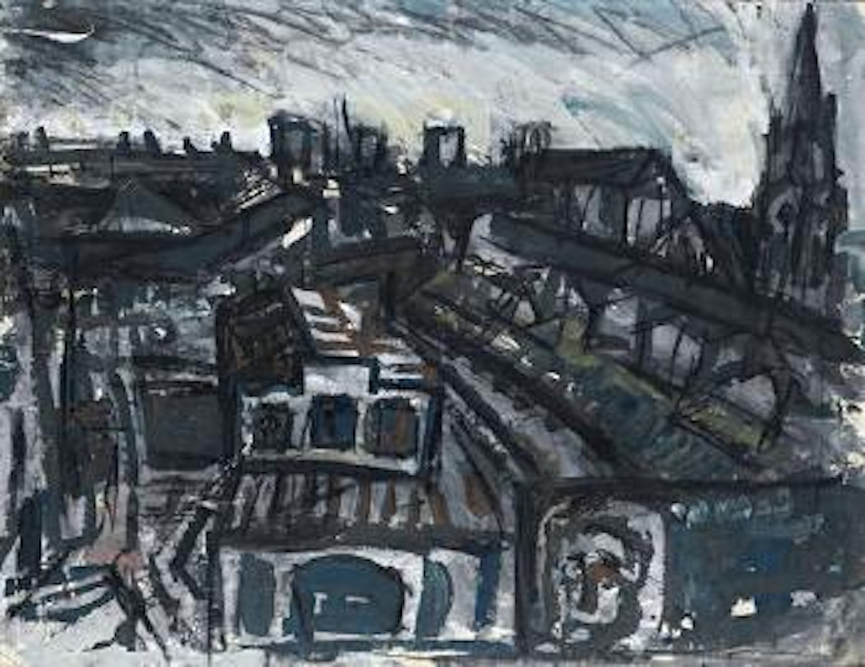 View of Hackney with German hospital by Leon Kossoff
