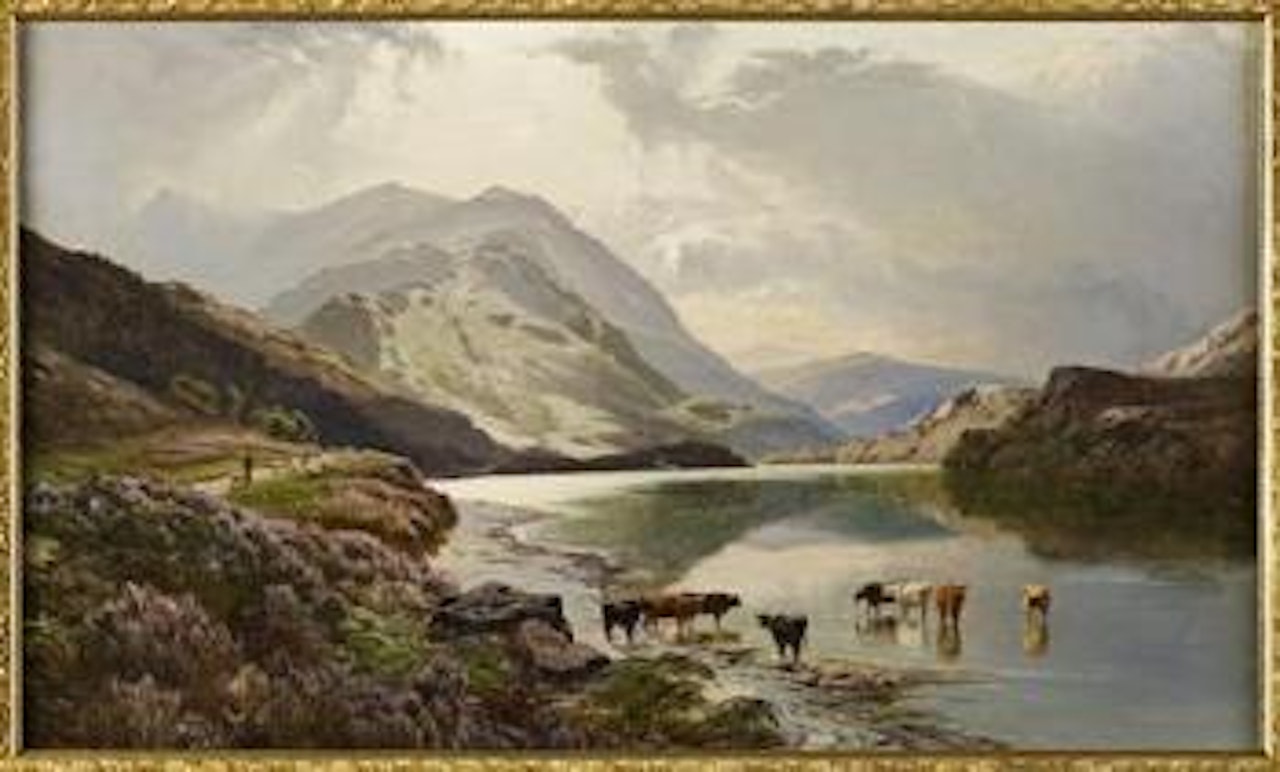 Cattle watering on the banks of a loch by Sidney Richard Percy
