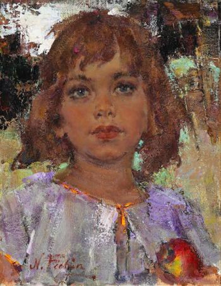 Portrait of a young girl with an apple by Nicolai Fechin
