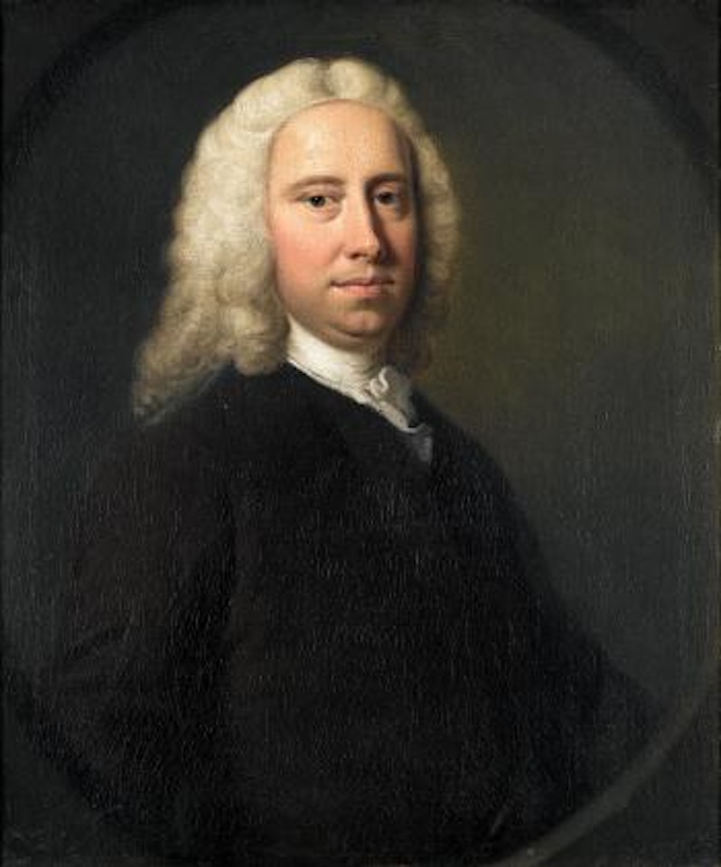 Portrait of James Neave, half-length, in a brown coat within a painted stone oval by Thomas Hudson