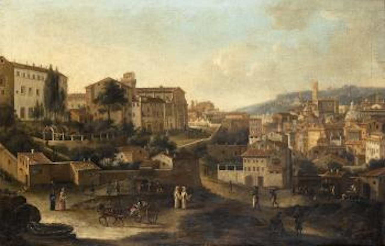 A view of Rome from the Monti looking west, with the Campidoglio, the Church tower of Santa Maria and Aracoeli and the Dome of Santi Luca e Martina behind, the Gianicolo in the distance by Gaspar van Wittel
