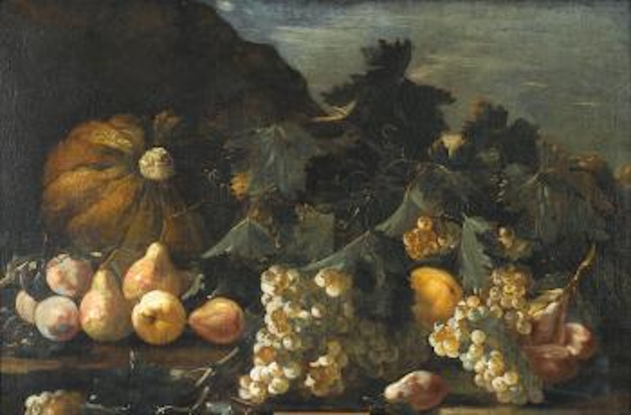 A pumpkin, grapes and pears on a table top before an open landscape by Michele Pace del Campidoglio