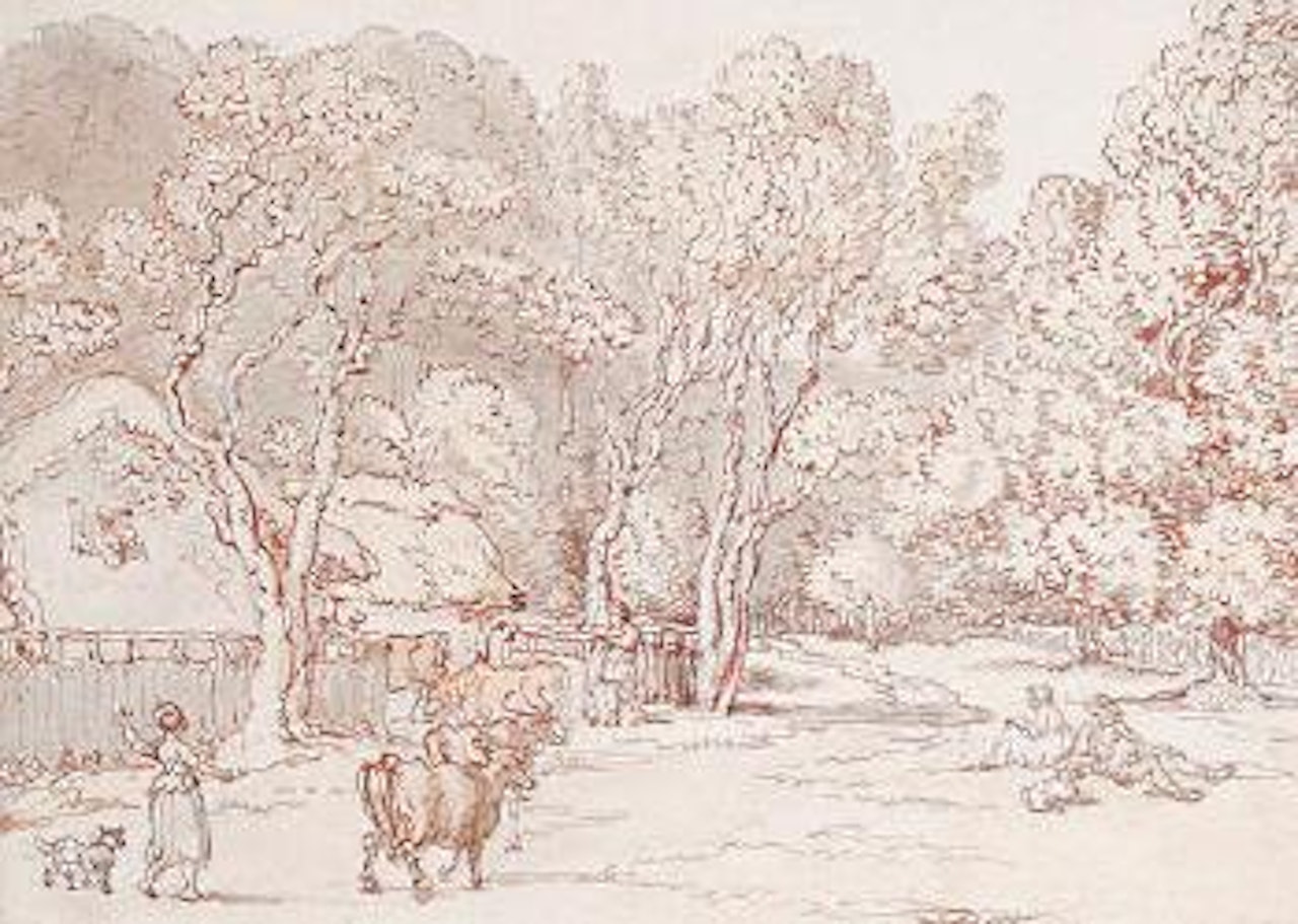 Figures and cattle before cottages by Thomas Rowlandson