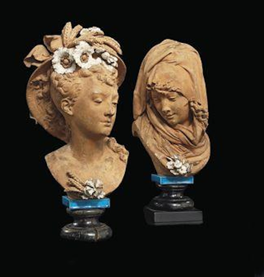 A Pair Of French Allegorical Female Busts Entitled 'L'hiver' And 'L'ete' by Albert-Ernest Carrier-Belleuse