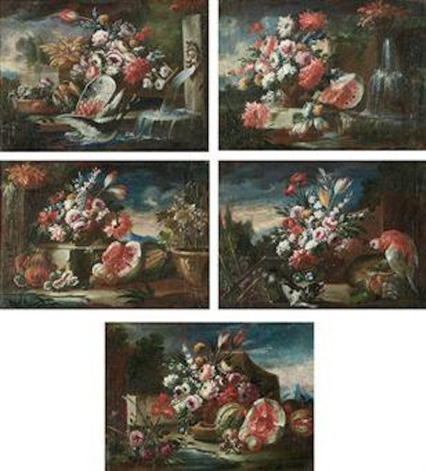 A dog growling at a parrot perched on a basket, with a bouquet of mixed flowers, in a garden; A watermelon, a melon, pomegranates, and other fruits, with a potted grapevine and a bouquet of mixed flowers, in a garden by Guillermo Mesquida