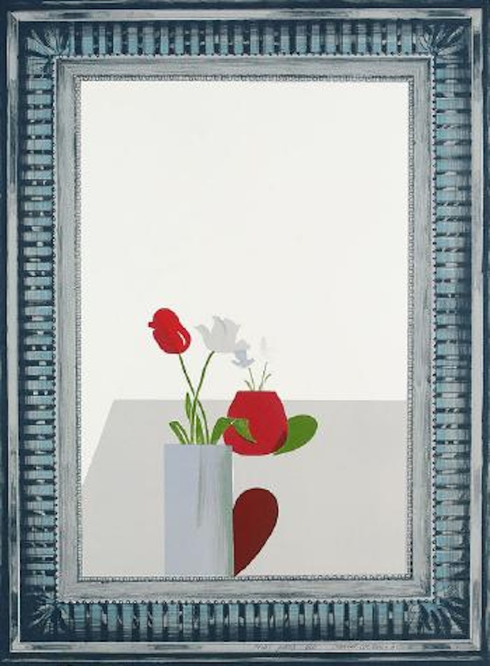 Picture of a still life that has an elaborate silver frame by David Hockney