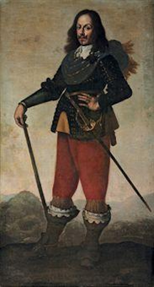 Portrait of an officer, full-length, in armour, wearing a sword and holding a walking stick in his right hand, in a landscape, a pitched battle before a hilltop fortress beyond by Francisco de Zurbaran