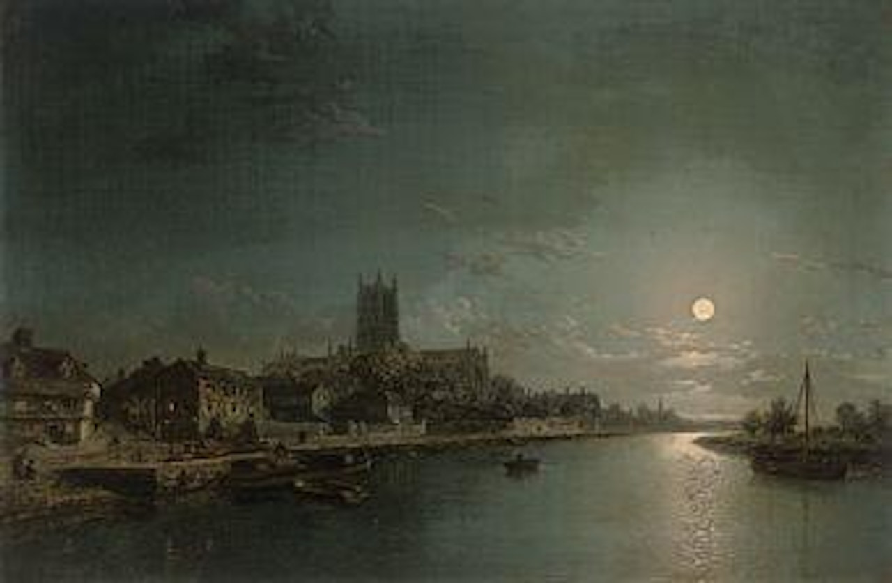 A view of Worcester Cathedral from the River Severn, by moonlight by Henry Pether