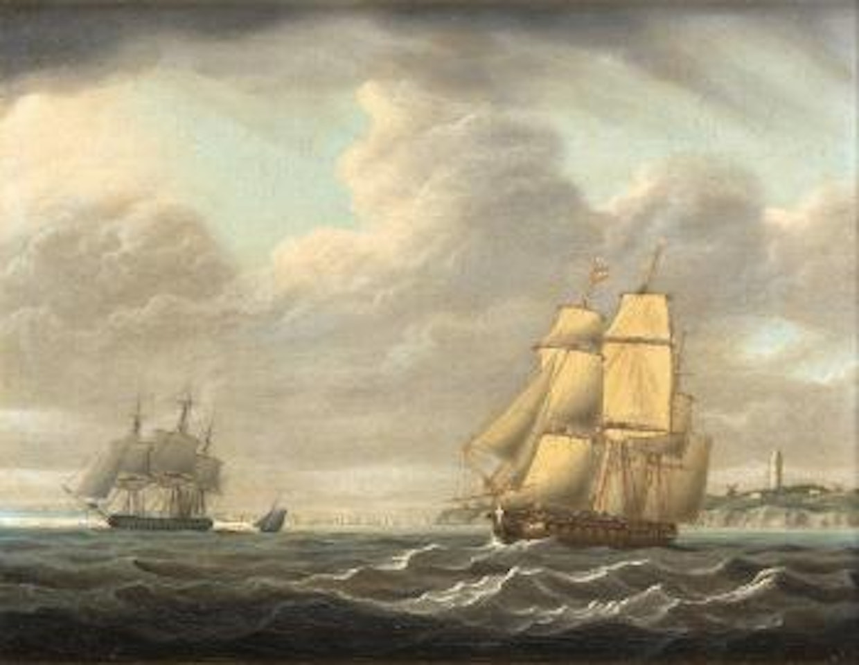 A frigate running down the coast with other shipping beyond by Francis Swaine