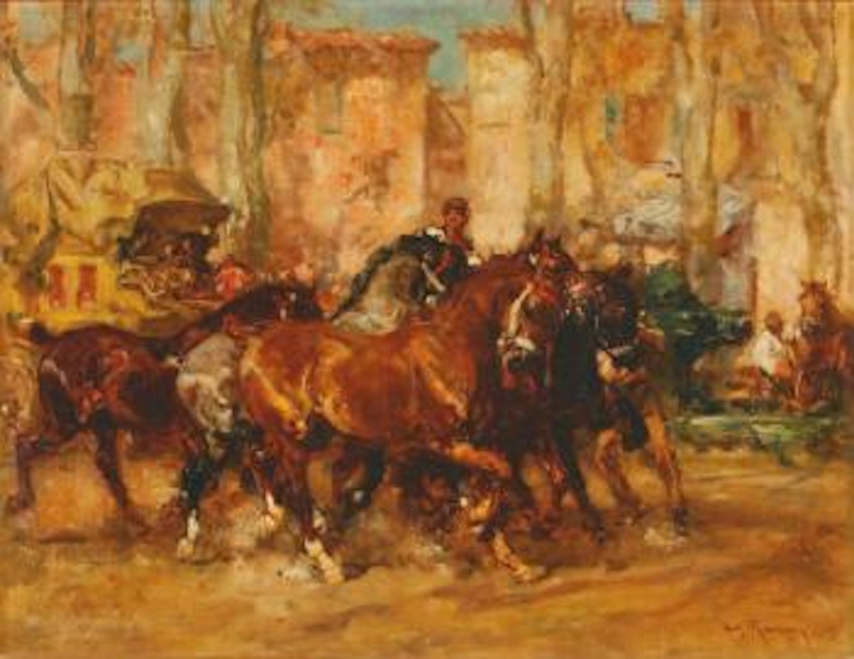 Palfrenier conduisant des chevaux à la fontaine by Henri Émilien Rousseau