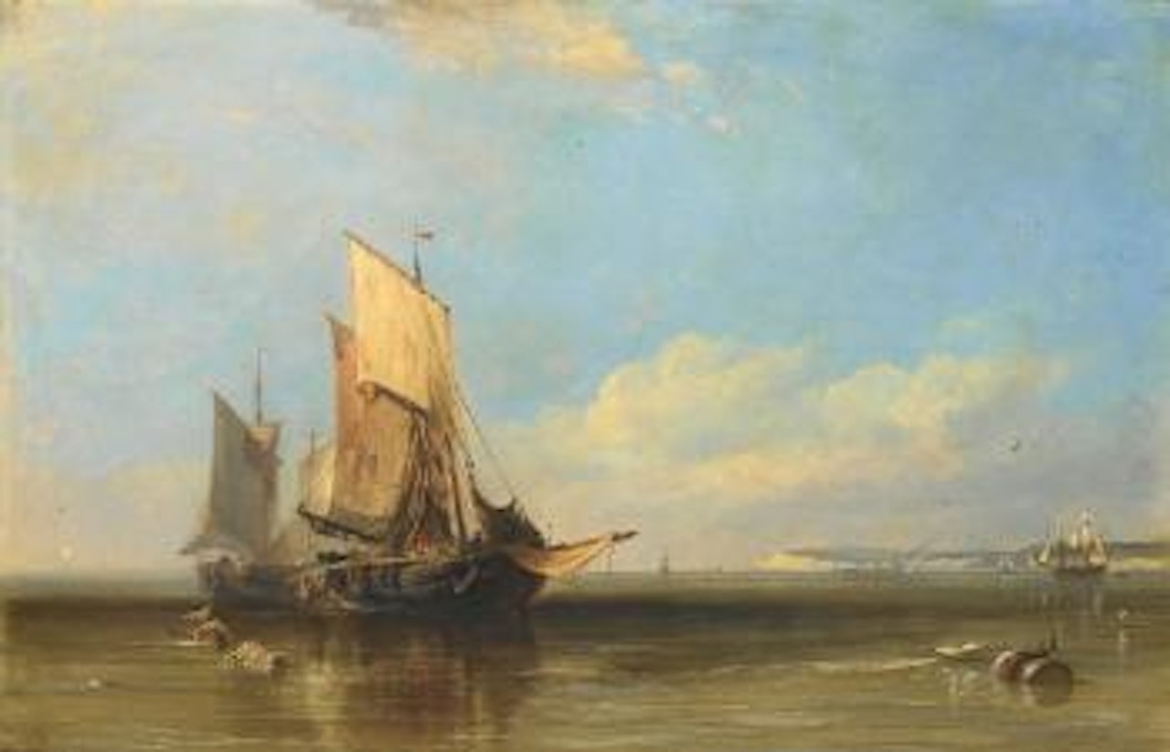 Honfleur fishing boats beclamed, Havre in the distance by Edward William Cooke