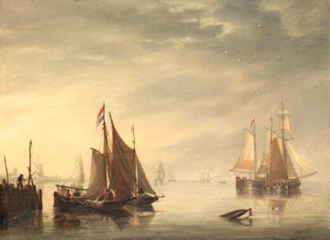 Dutch traders in a flat calm at eventide off the east coast by John Wilson Carmichael