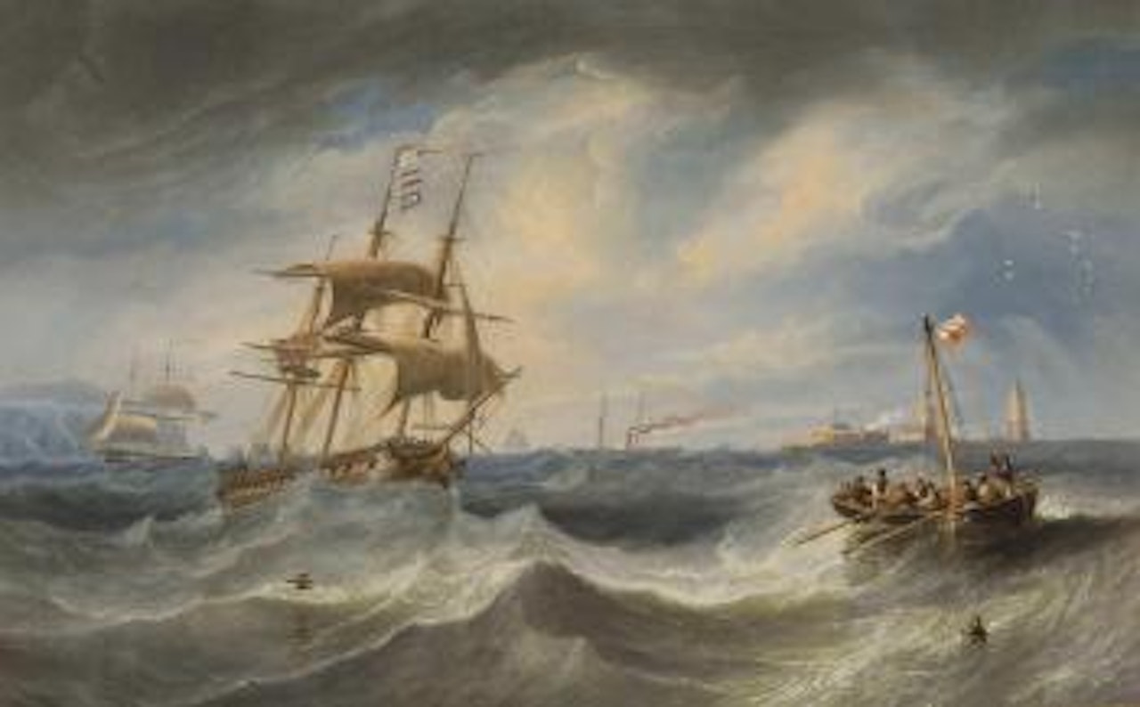 Congested waters between Hurst Castle and the Needles, with a Royal Navy frigate heaving-to to take on the pilot by John Wilson Carmichael