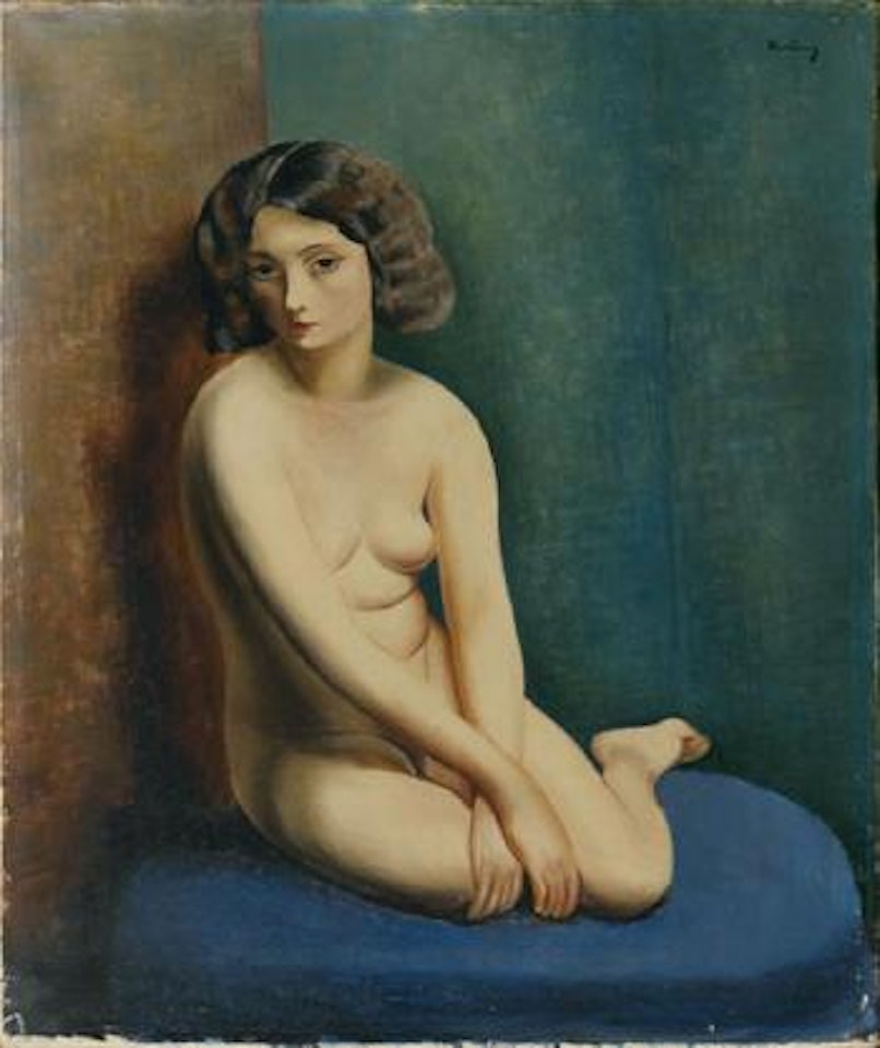 Nu agenouillé sur canape bleu by Moïse Kisling