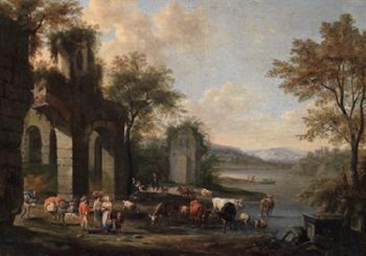 Hirten und ihre herde vor römischen ruinen by Pieter Bout