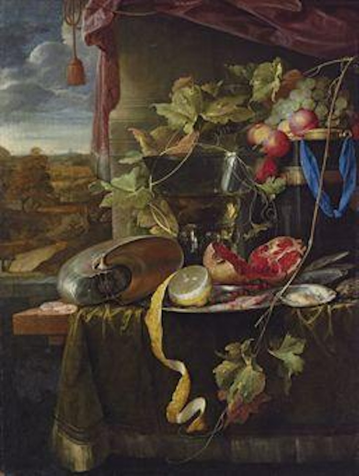 A conch shell, a cut and partly-peeled lemon on a silver platter, a broken pomegranate, shrimps, oysters, a wine-filled roemer, fruit and other objects on a partly-draped wooden table before a draped window casement, an extensive landscape beyond by Jan Davidsz de Heem