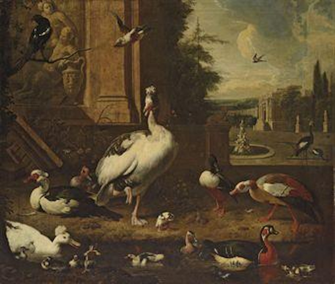 Geese, ducks, a magpie and other birds at a pond, an architectural capriccio landscape beyond by Melchior de Hondecoeter
