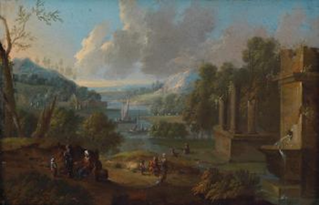 Ein paar südliche flusslandschaft mit römischen ruinen by Adriaen Frans Boudewyns by Pieter Bout