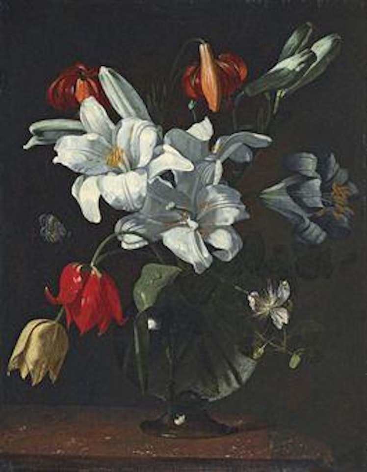 Lilies, tulips and other flowers, in a glass vase, on a ledge by Caravaggio