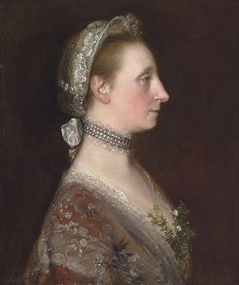 Portrait of a lady, possibly Mary Gibbon, the artist's sister, bust length, in profile, in a lace headdress, a pearl necklace and a brown dress, with a tule shawl and a sprig of wild flowers by Thomas Gainsborough