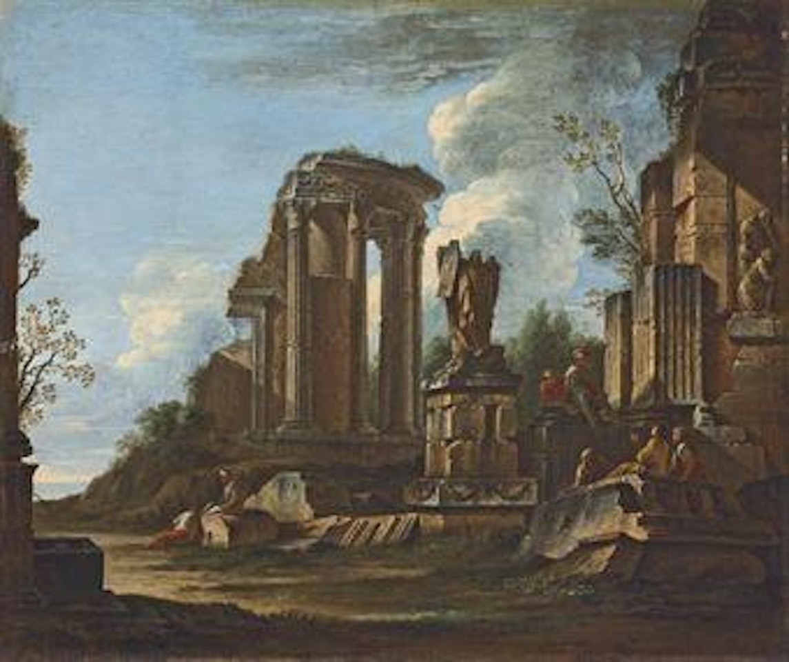 A capriccio of Roman ruins with the Trofei di Mario and the Temple of the Sibyl at Tivoli and figures conversing by Giovanni Ghisolfi