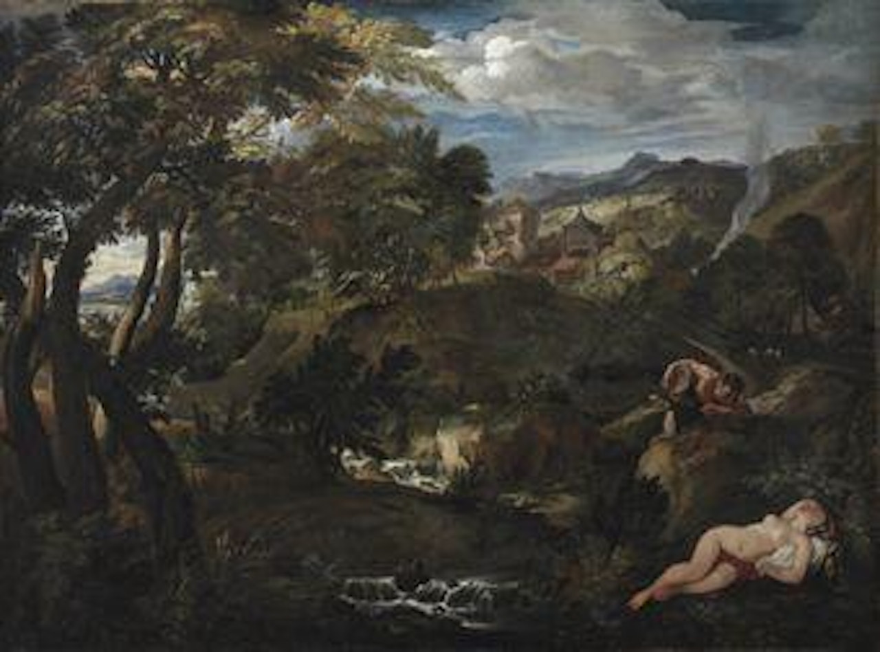 An extensive mountainous landscape with Jupiter and Antiope, a town beyond by Venetian School