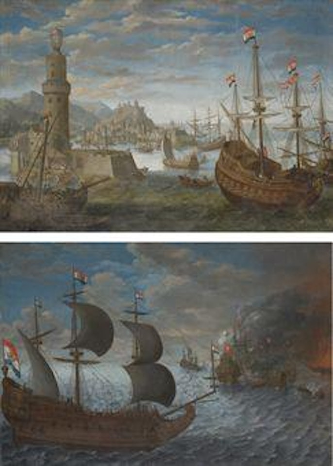 A Mediterranean harbour with men-o'-war flying the flags of Amsterdam, Livorno; and A naval engagement of men-o'-war flying the so-called 'Barbary ensign' against French galleys, a Zeelander man-o'-war approaching by Dutch School