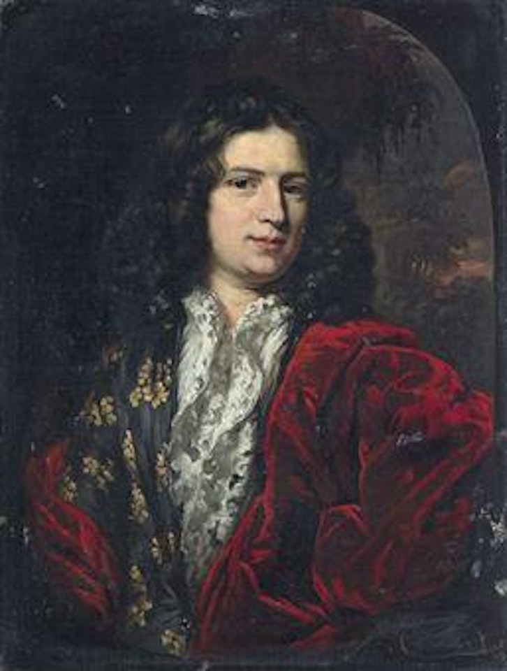 Portrait of a gentleman, half-length, in a white shirt with a lace collar, a gold-embroidered silk doublet, and a red velvet mantle, in a feigned oval by Nicolaes Maes