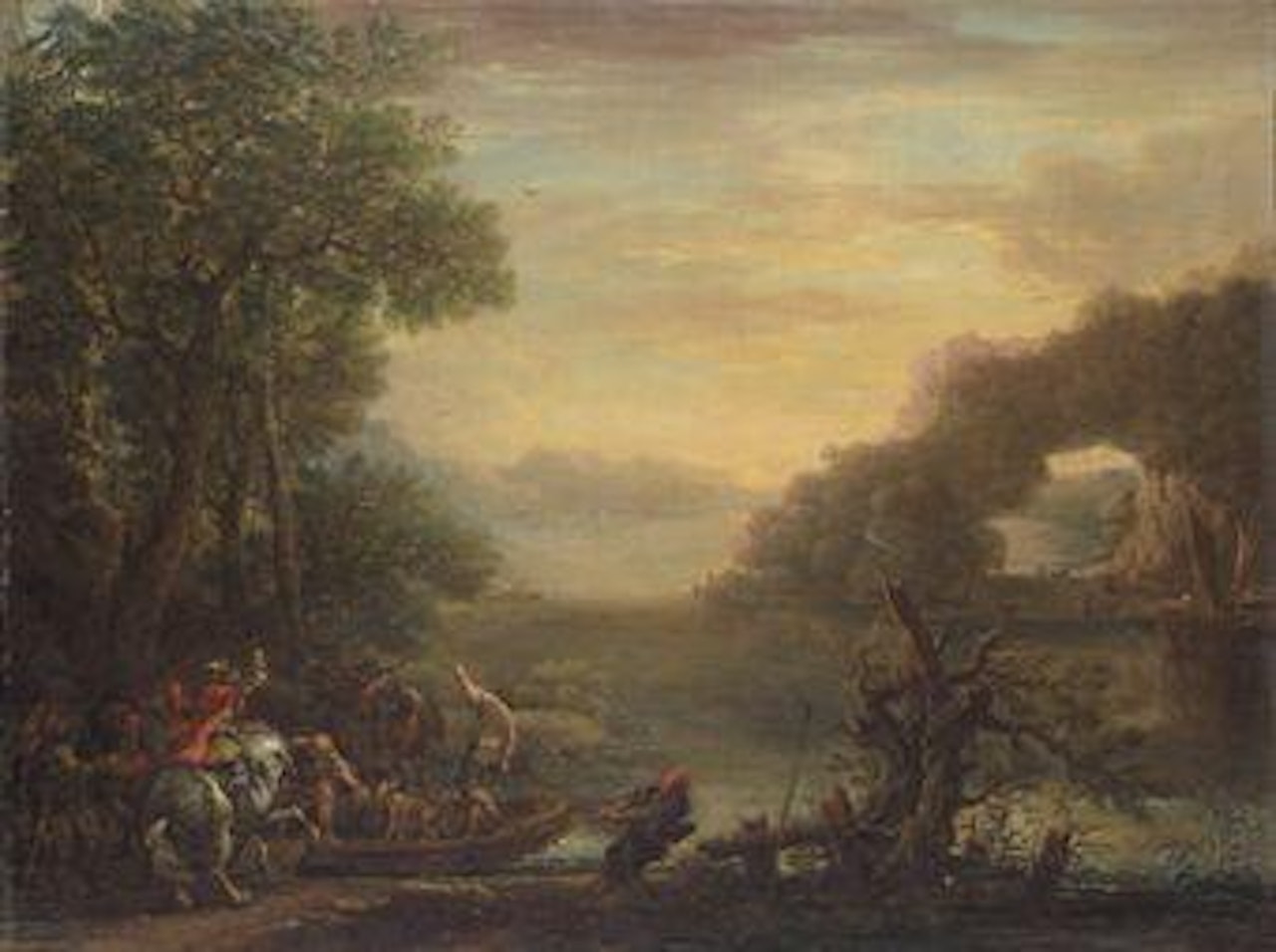 An extensive river landscape, with cavaliers embarking on a ferry, sailing boats anchored at the shore beyond by John Wootton