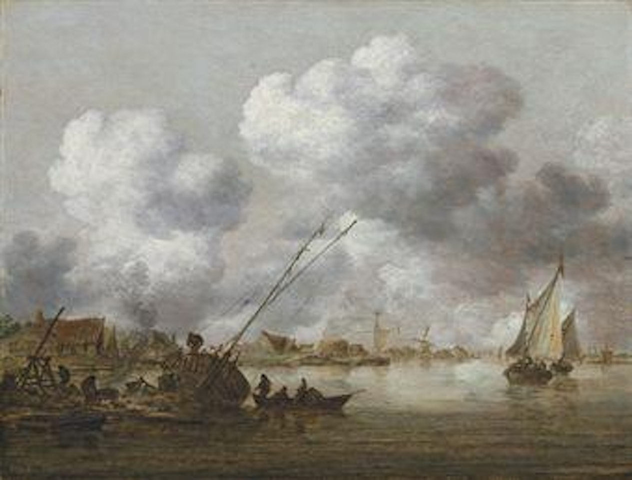 An estuary with a small ship being caulked in the foreground by Jan van Goyen