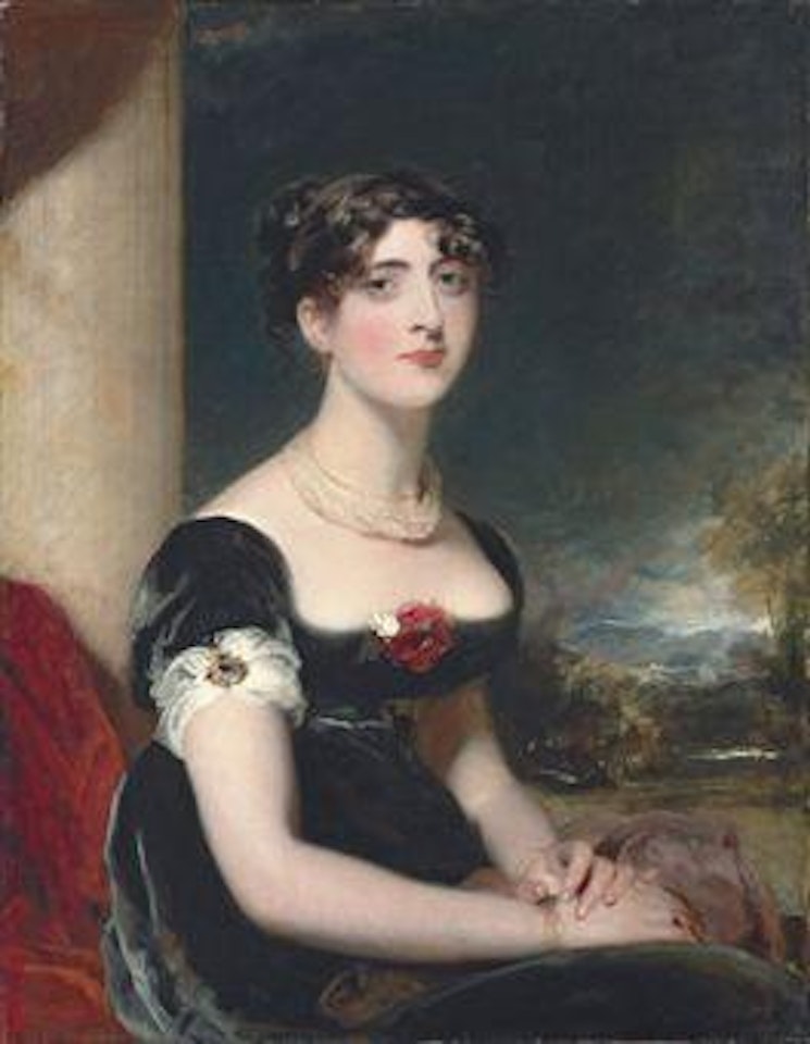 Portrait of Eliza Fitzroy, half-length, seated, in a black dress with red and white roses, a jewelled brooch and a chain of gold and pearls, at a window casement, a mountainous landscape beyond by Sir Thomas Lawrence