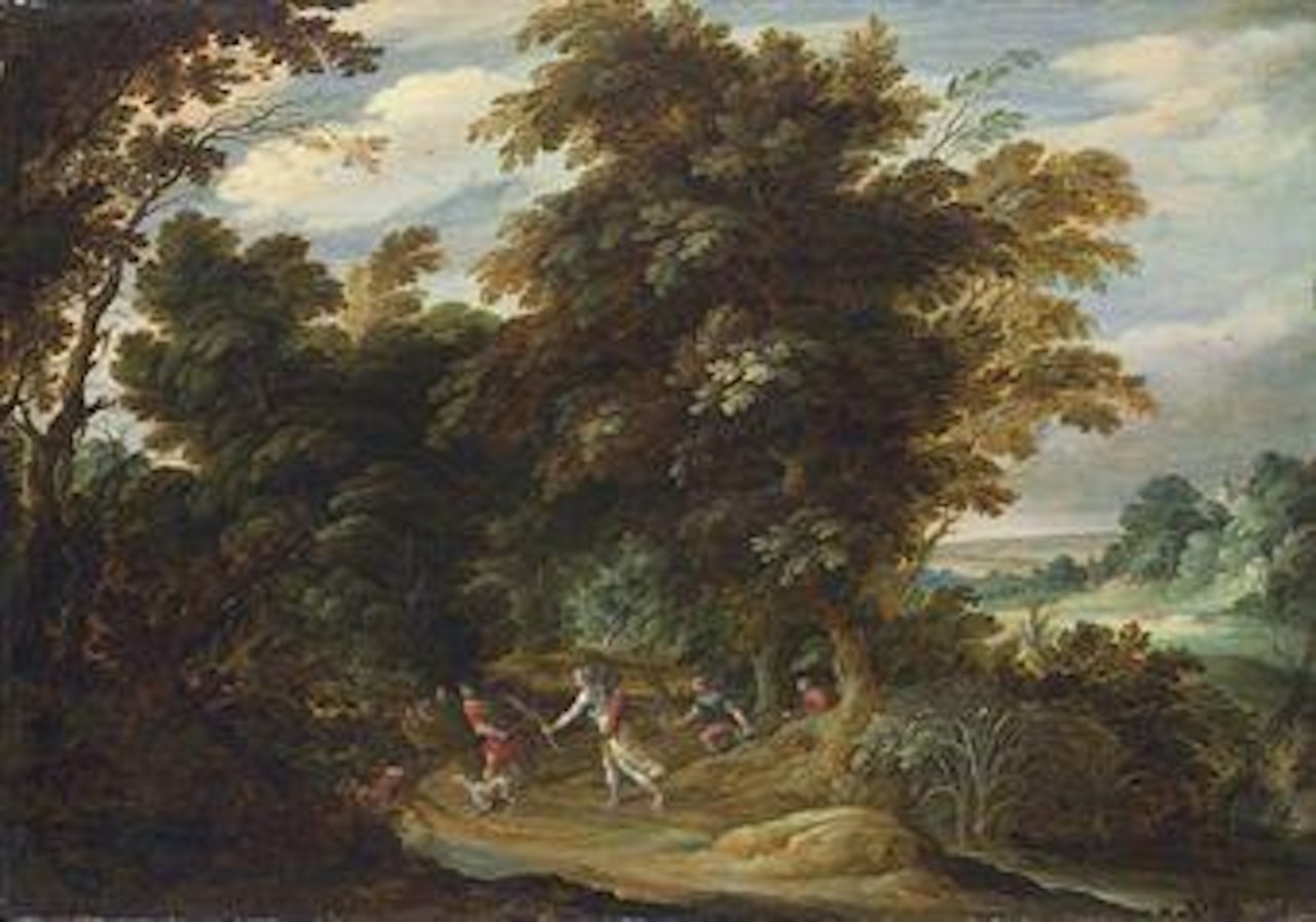 A wooded landscape with the hunt for the Calydonian boar by Frans Francken by Abraham Govaerts