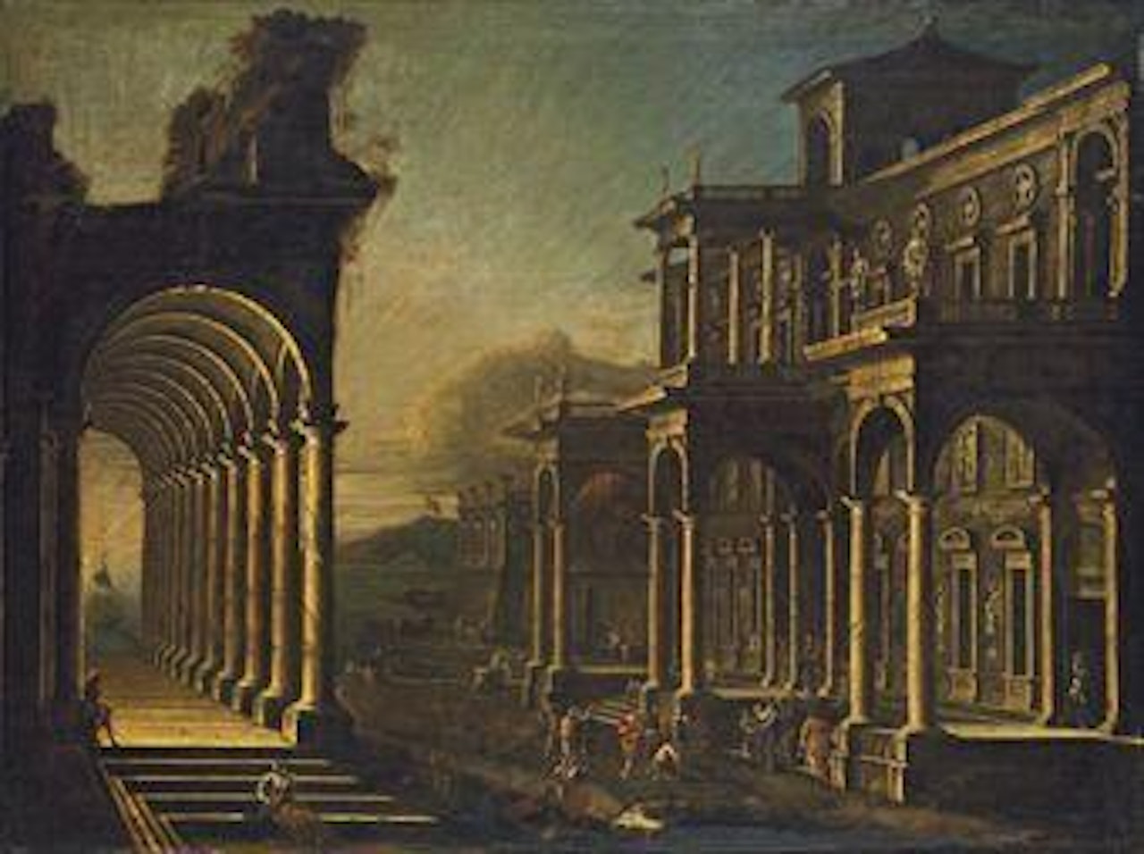 A capriccio view of a coastal city, with a loggia and other classicised buildings and Saint Peter healing the lame by Viviano Codazzi