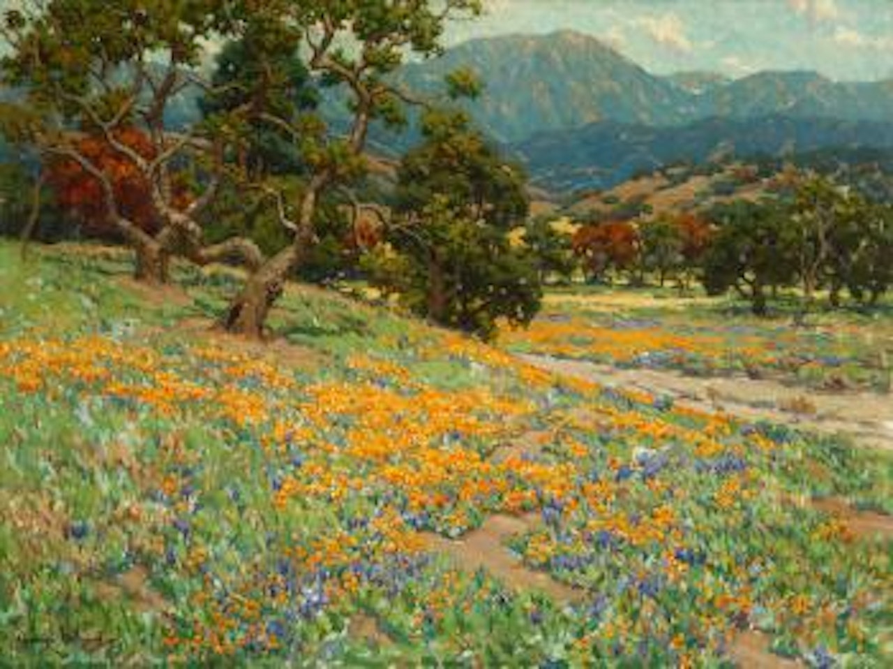 California landscape with oaks, poppies and lupine by Granville Redmond