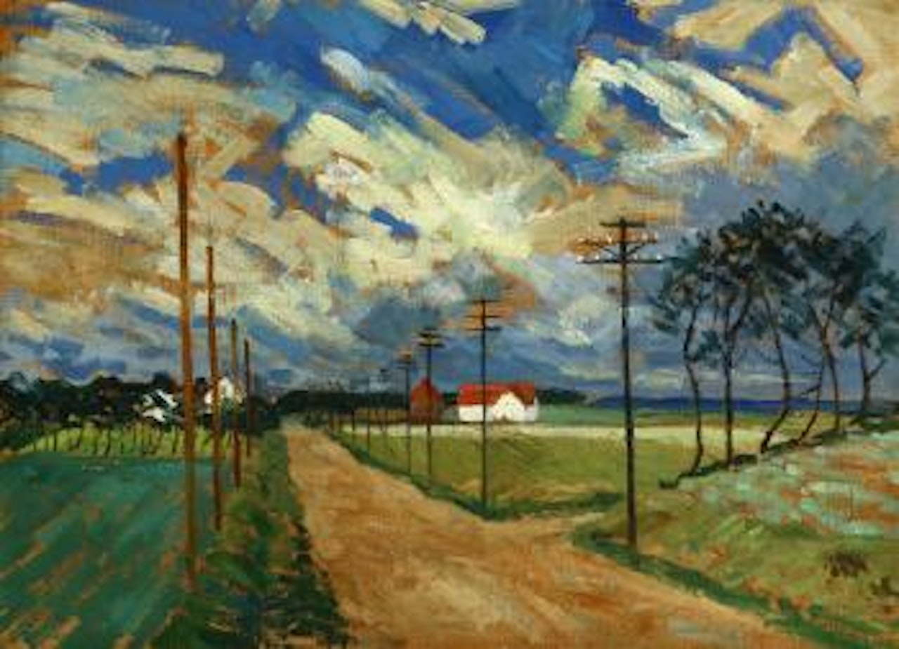 Country road flanked by homes and farmland by Joseph Raphael