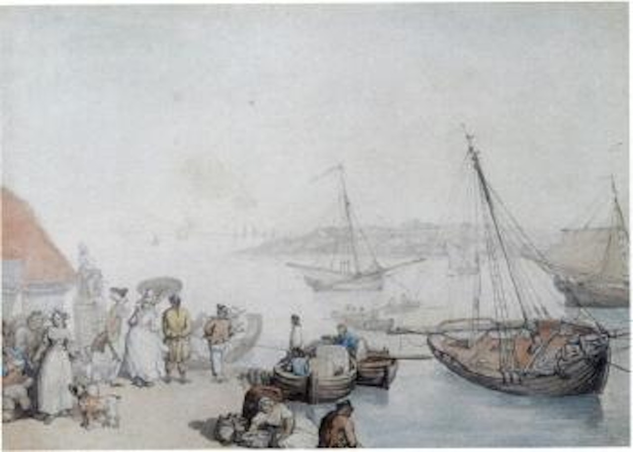 Figures and boats by a South Devon estuary, sailing ships to the distance by Thomas Rowlandson