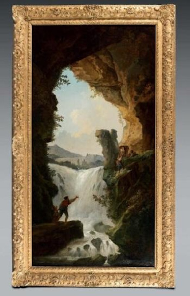 Groupe de personnages devant une cascade vue depuis une grotte by Hubert Robert
