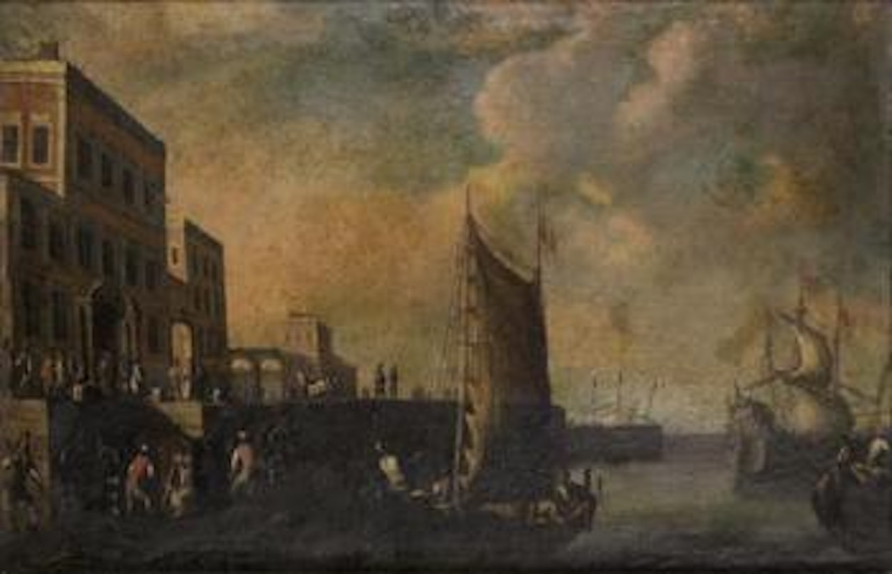 Vue fantasiste du port de Genes animé de nombreux personnes by Cornelis de Wael