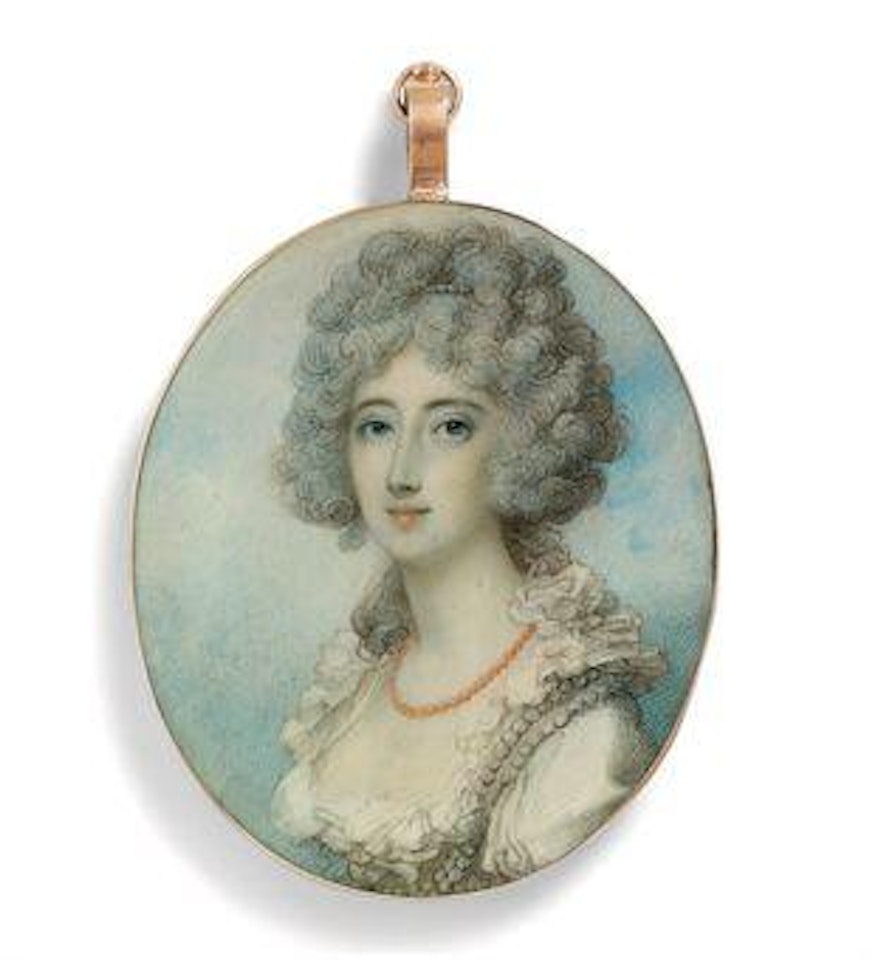 Lady Georgiana Charlotte Bertie (1764-1838), Countess of Cholmondeley, in white satin dress with double-frilled 'van dyck' collar, double-strand of pearls encircling her décolleté, coral necklace, upswept powdered hair dressed with pearls by Richard Cosway