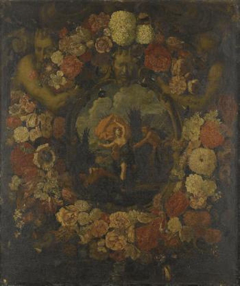 Pan e Siringa entro ghirlanda di fiori by Roman School