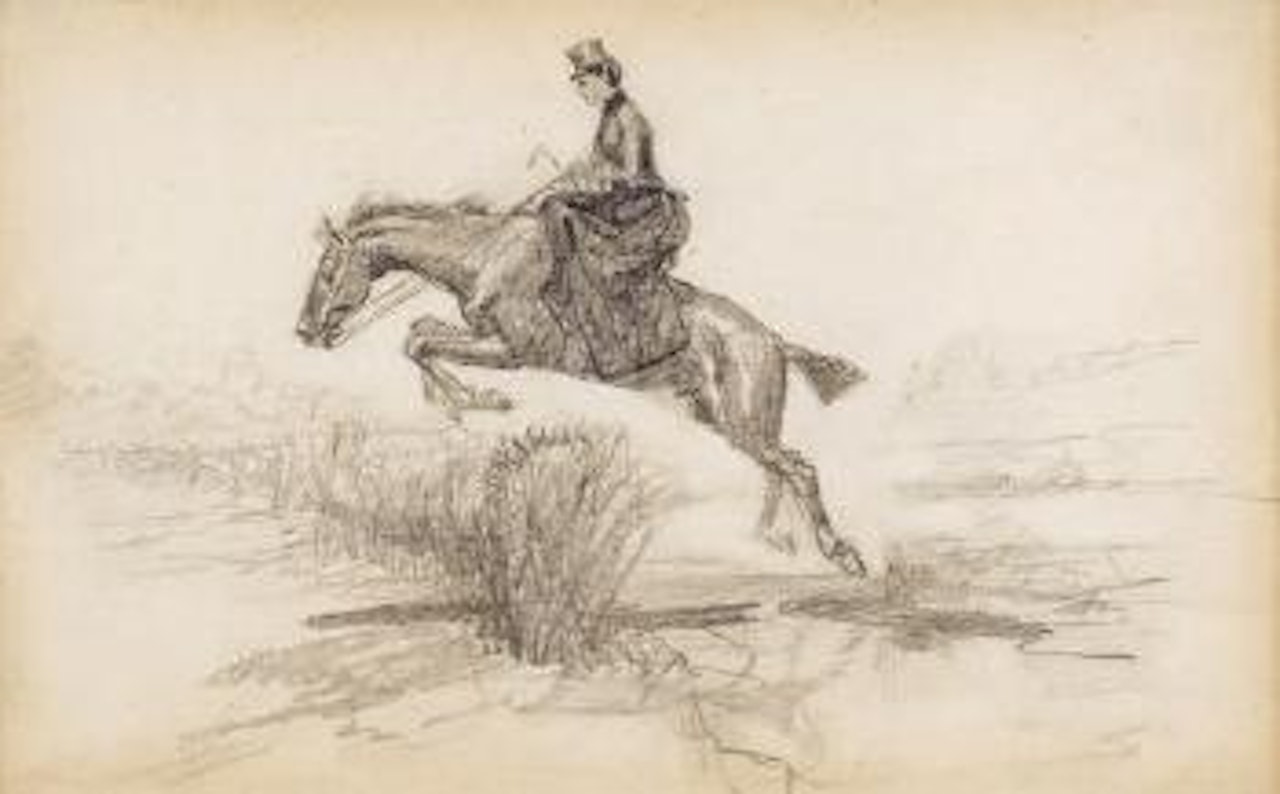 Horse and woman rider hurdling a bush fence by Charles M Russell