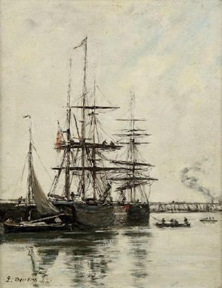Trouville, la jetée, bateaux à quai by Eugène Boudin