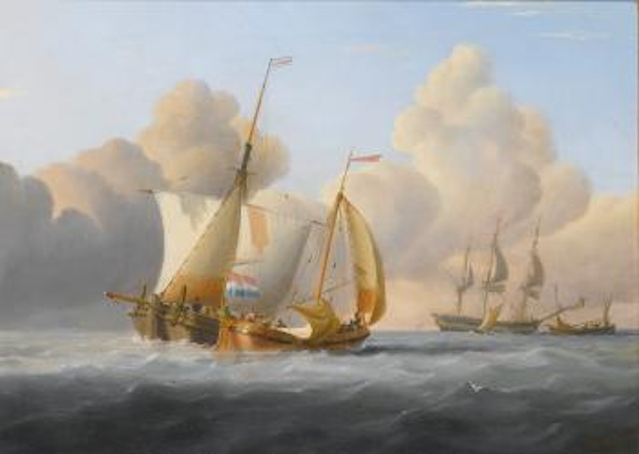 Dutch coastal traders exchanging news at sea by Joseph Walter Of Bristol