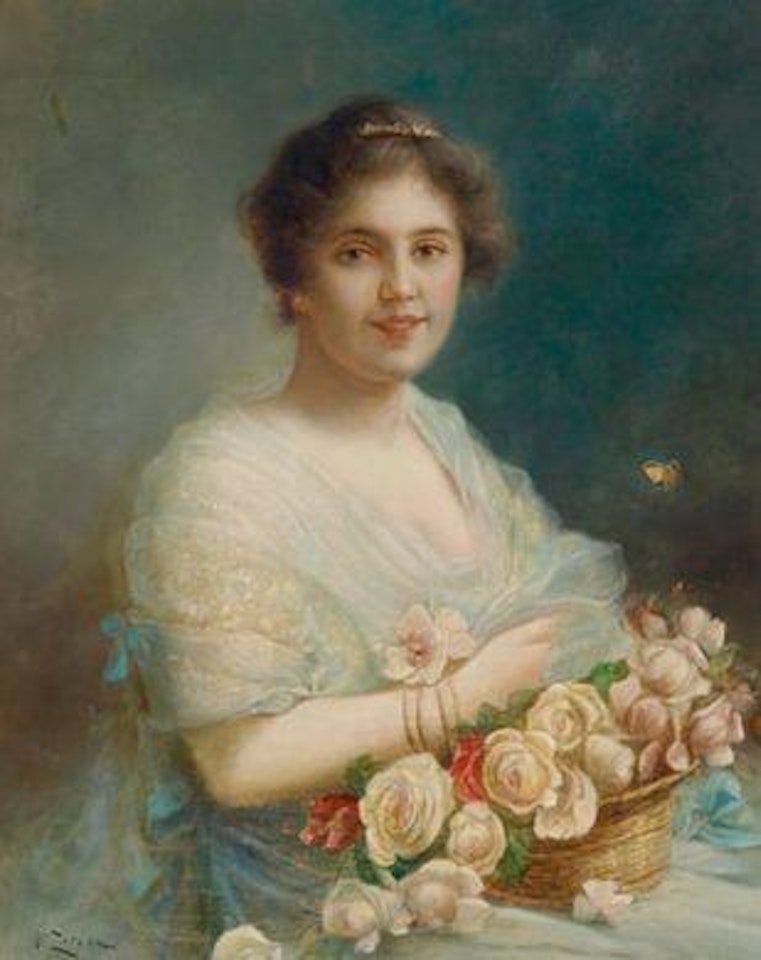 Lady with basket of roses by Hans Zatzka