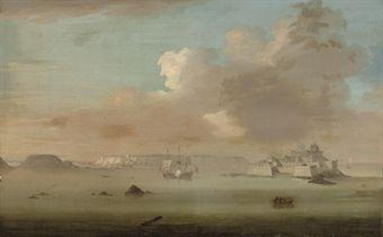 Castle Cornet, off St Peter Port, at high tide, with the towering cliffs of the island of Herm beyond by Peter Monamy